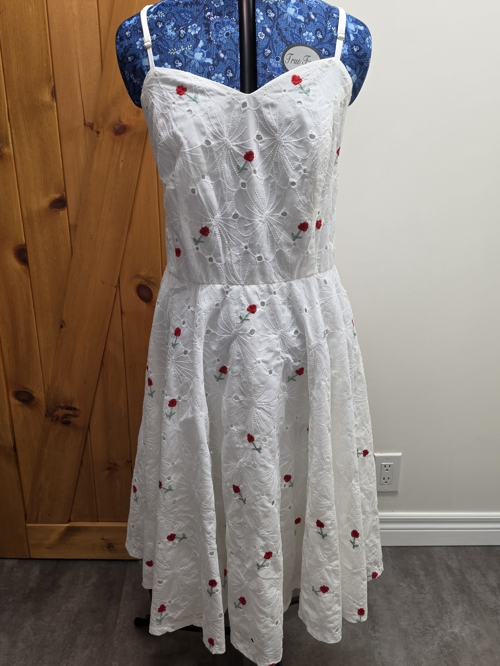 White Eyelet Midi Circle Dress with Cherry Embroidery